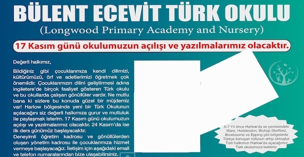 BÜLENT ECEVİT TÜRK OKULU LONDRA HARLOW’DA AÇILIYOR